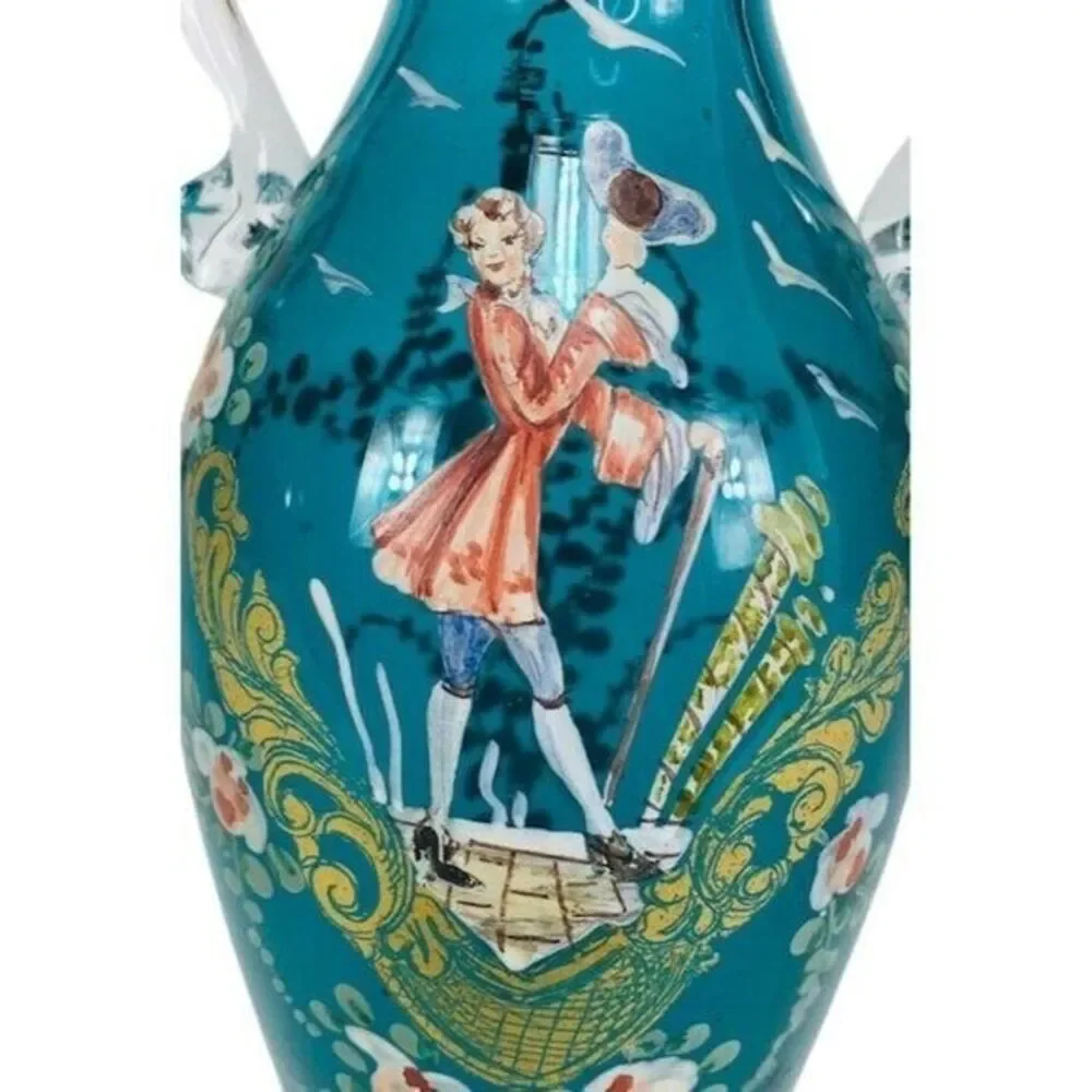 1900s Victorian Hand Painted Teal Gold Leaf Floral Blown Glass Ruffle Vase